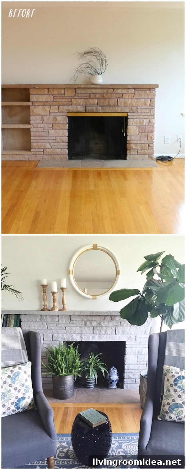 Painted Stone Fireplace Makeover Ideas to Modernize Your Hearth 8 Before and After - Painted Stone Fireplace Makeover - The Inspired Room Stone Fireplace Painted with Annie Sloan Chalk Paint in Paris Grey
