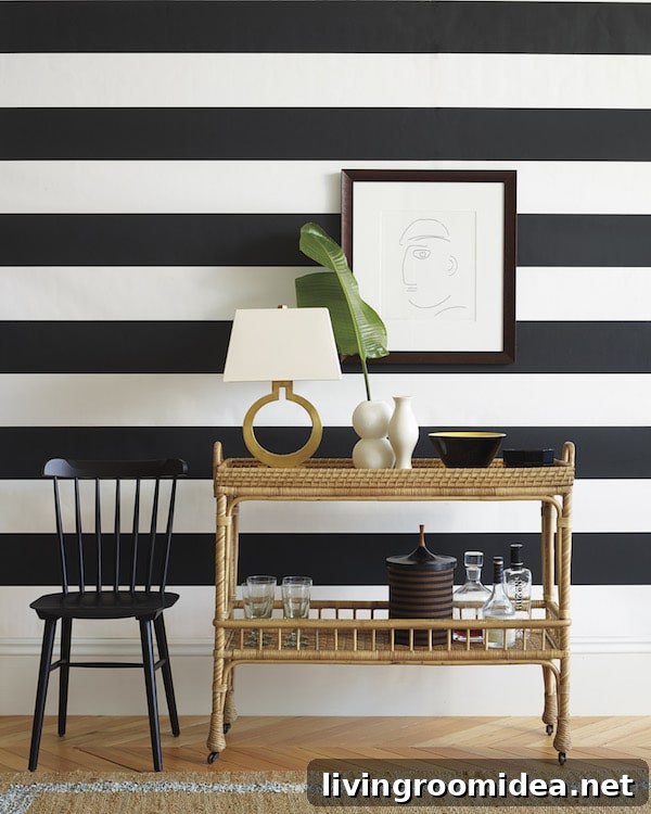Rattan Bar Cart - Serena and Lily - Black and White Stripe Wall