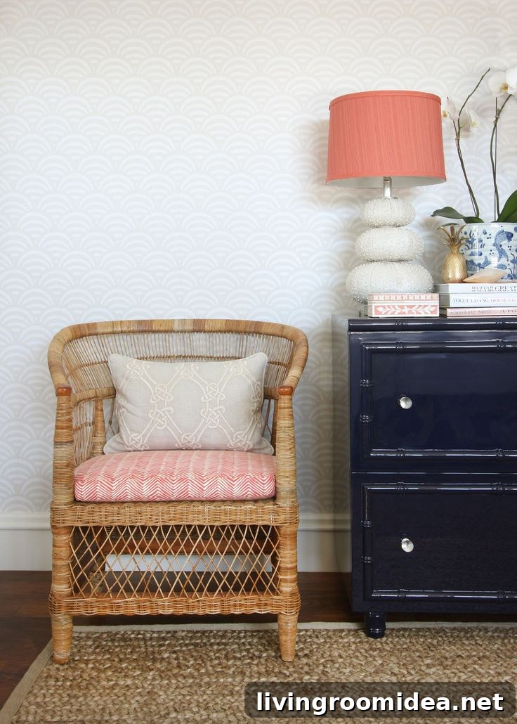 Rattan Chair and Navy Dresser - Designer - Jenny Wolf