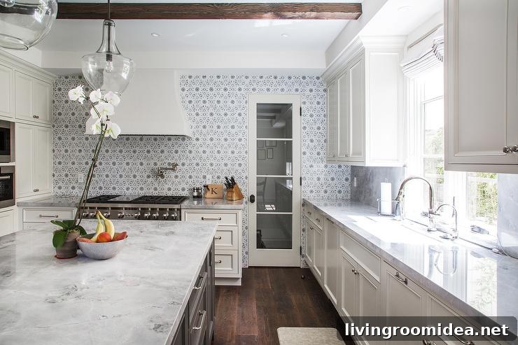 Pretty Kitchen Design - White Marble Countertops - Gray Flower-Mosaic Tile Backsplash - Dana Benson Construction