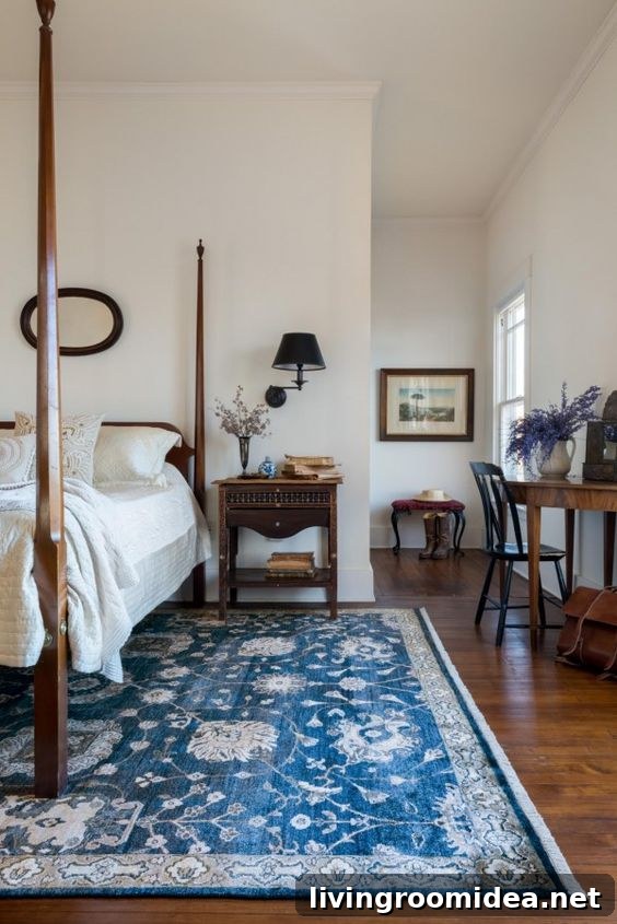 White Bedroom with Blue and White Patterned Statement Rug - Loloi Rugs - Kensington Collection in Midnight
