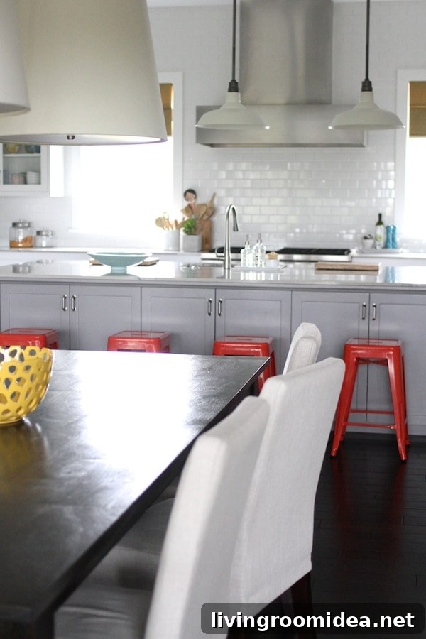 Finding the Perfect Design Balance: Getting to Know You 4 Brown Eyed Fox - Gray and White Kitchen with Red Metal Stoolsjpeg