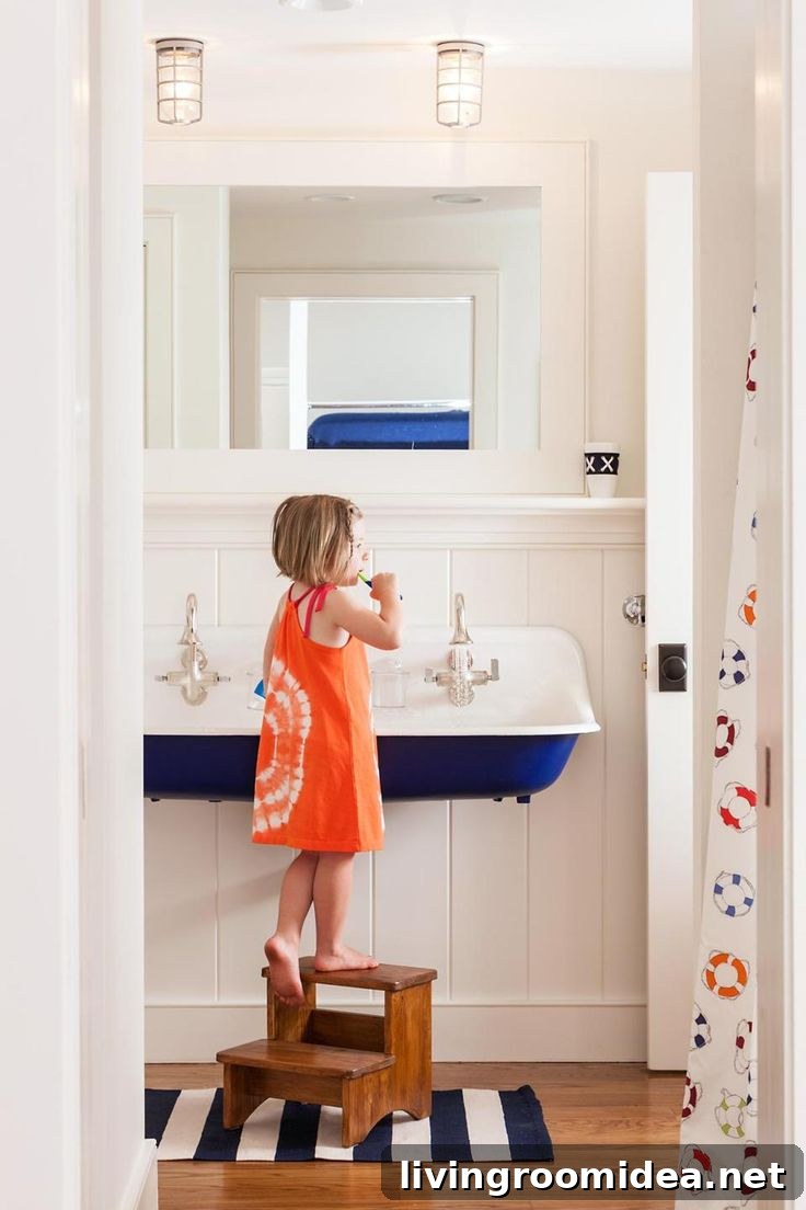 Blue and White Bathroom Trough Sink with Shiplap Walls