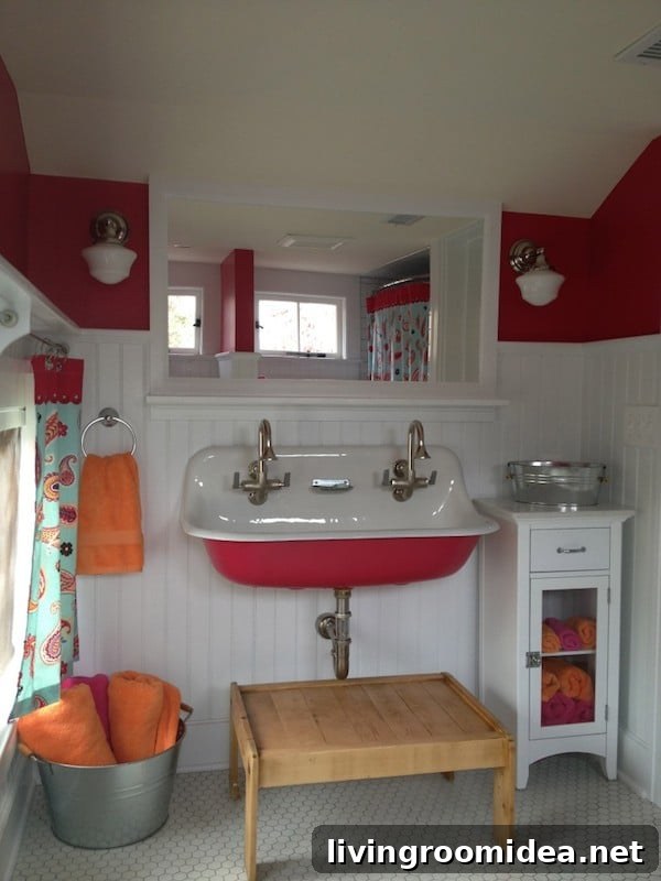 Colored Powder-Coated Trough Sinks: Durable Styles & Finishes 13 Red Trough Sink - Red and White Bathroom - Simply Natural Mom
