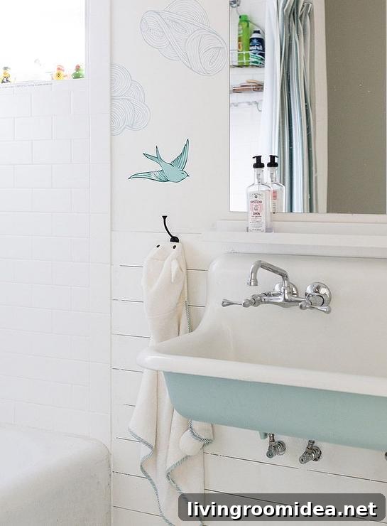 Light Blue Kohler Brockway Trough Sink - Bird Wallpaper and Shiplap Walls