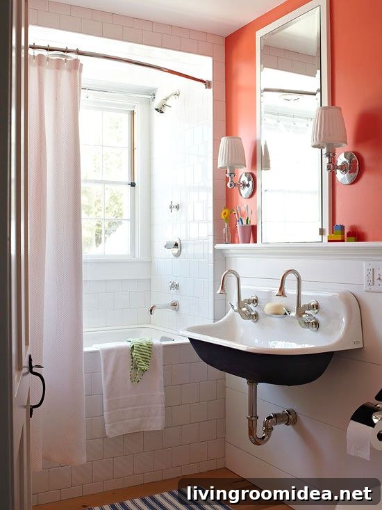 Bathroom with Subway Tile and Black and White Trough Sink