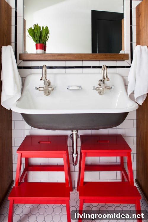 Colored Powder-Coated Trough Sinks: Durable Styles & Finishes 9 Double Trough Sink - Subway Tile White Bathroom with Red Stools