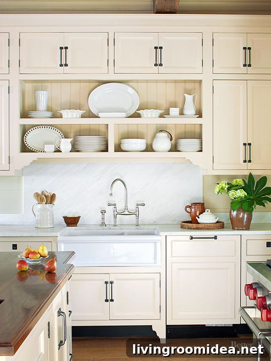 Kitchen open shelves add charm and character to a kitchen. Click through for other ways to incorporate open shelving in a kitchen.