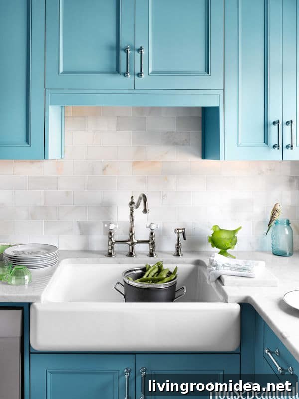 Blue Kitchen with Apron-Front Farmhouse Sink. Click through to find more inspiration photos and sources for farmhouse sinks and apron front sinks.