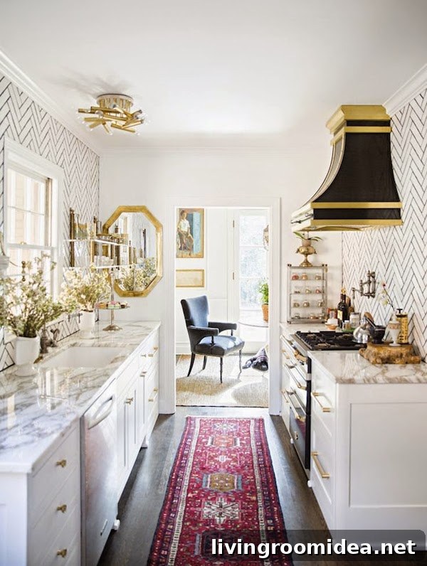 Covered Range Hood - Black and Gold - Small Galley Kitchen