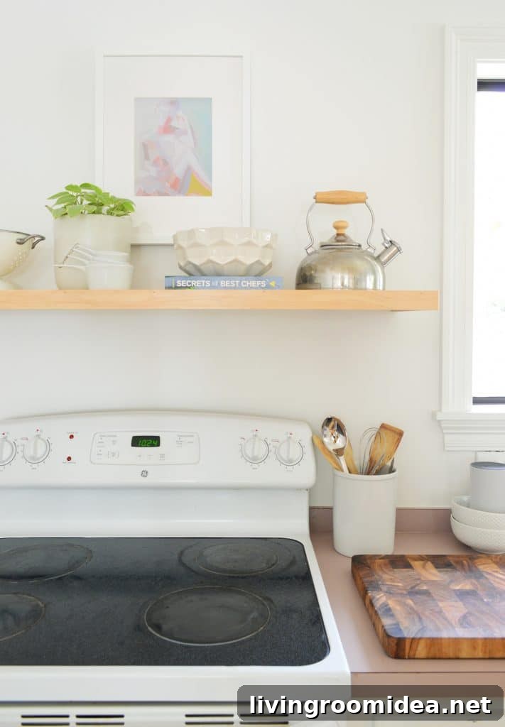 Simple Floating Shelf Constructed Over Old White Stove In Minimal Kitchen