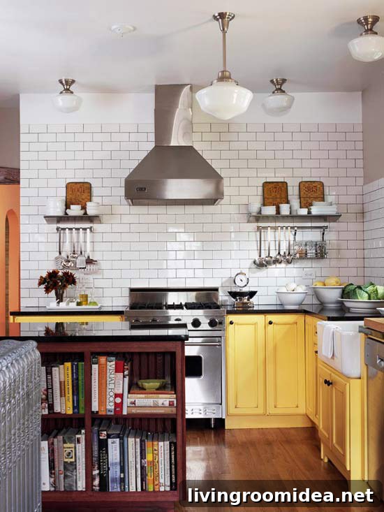 Colorful Kitchen Cabinet Ideas and Design Inspiration 11 Yellow Kitchen Cabinets with White Subway Tile - A round up of inspiration for colored kitchen cabinets