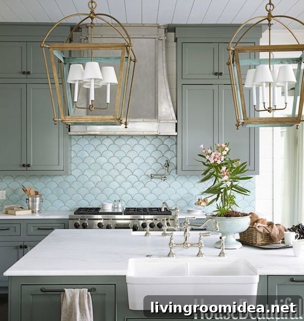 Colorful Kitchen Cabinet Ideas and Design Inspiration 6 Green Gray Kitchen Cabinets - Blue Fan Shaped Tile and Brass Light Fixtures - A round up of inspiration for colored kitchen cabinets