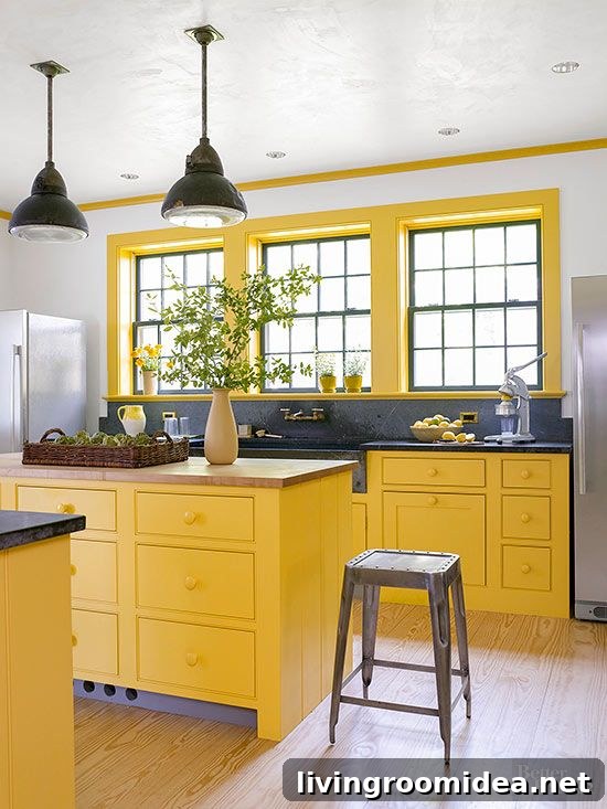 Yellow Kitchen Design - Yellow Colored Kitchen Cabinets - A round up of inspiration for colored kitchen cabinets