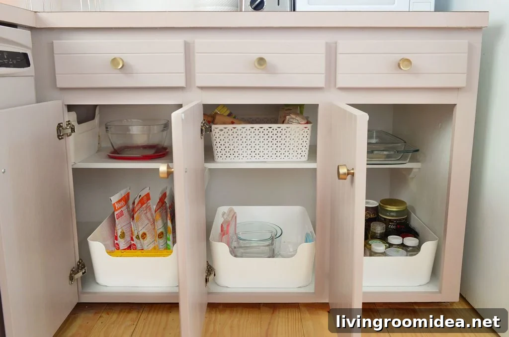 After photo of three lower cabinets painted mauve | Sherwin Williams Artsy Pink