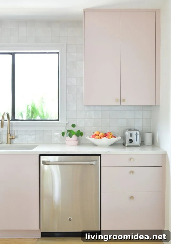 Upper Cabinet In Painted Ikea Kitchen With Gray Backsplash