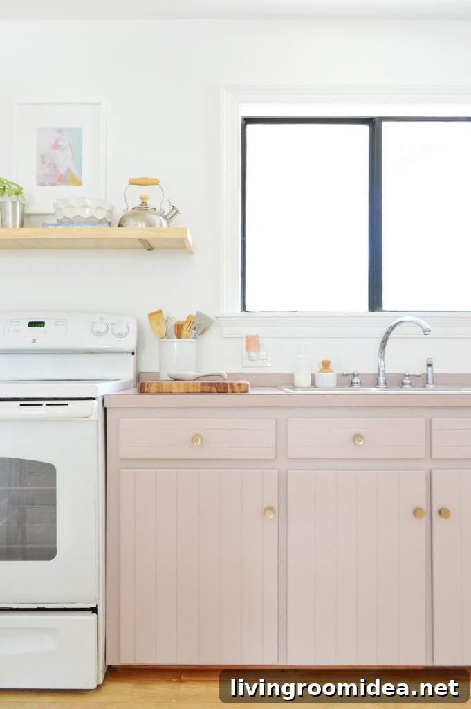 Old cabinets painted Artsy Pink with mauve laminate counters and white stove