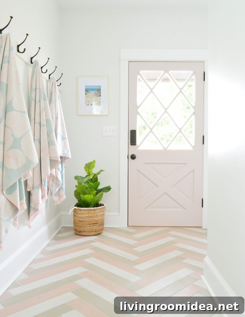 Pink Diamond Door In Mudroom With Herringbone Pink Tile Floor