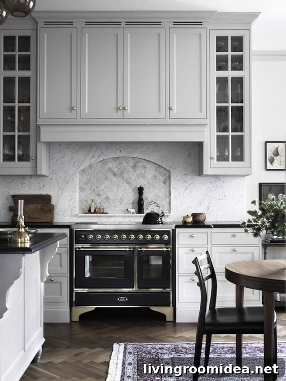 Gray Black and White Kitchen - Inset Niche Above Stove - Click through for 8 showstopping elements for a kitchen design!