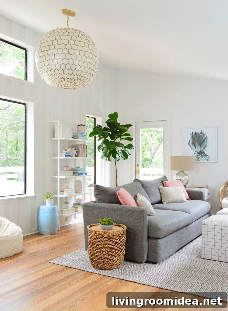 Tall View Of Upstairs Family Room With Large Capiz Globe Light