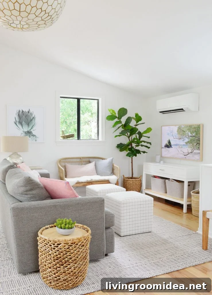 TV Area With Couch Striped Ottomans And Woven Bench