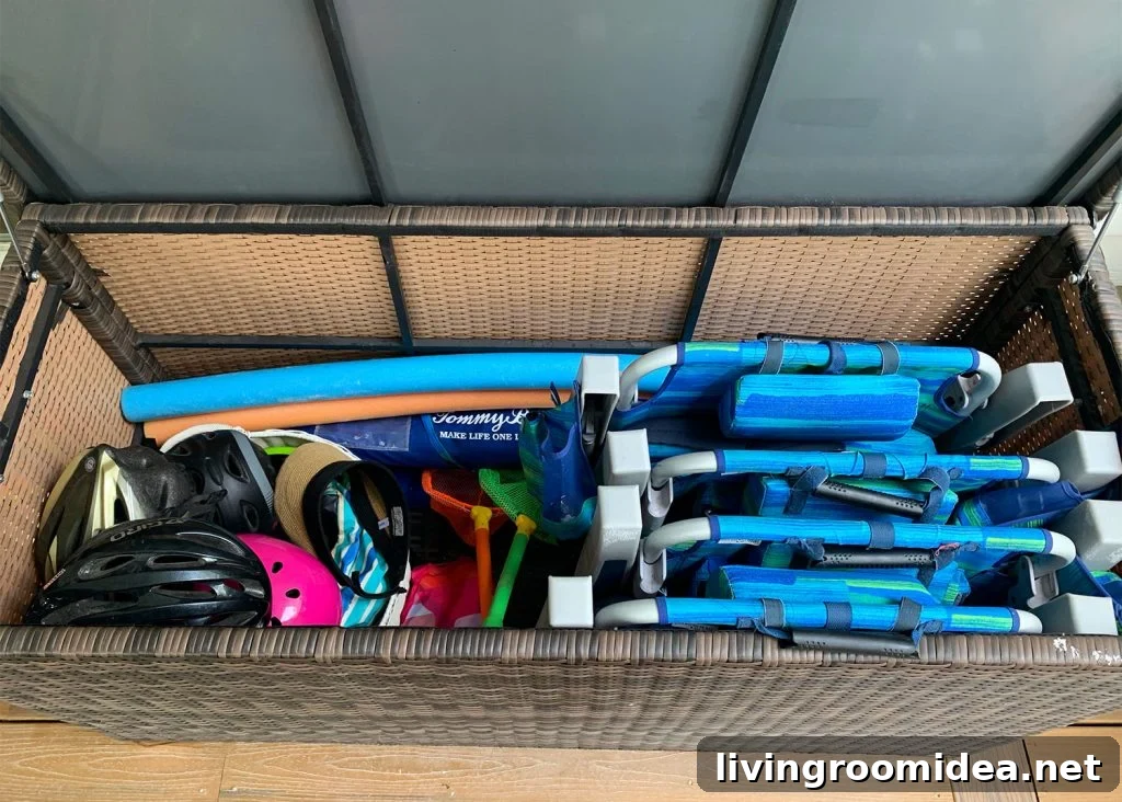 Inside Of Storage Bin With Beach Chairs And Toys