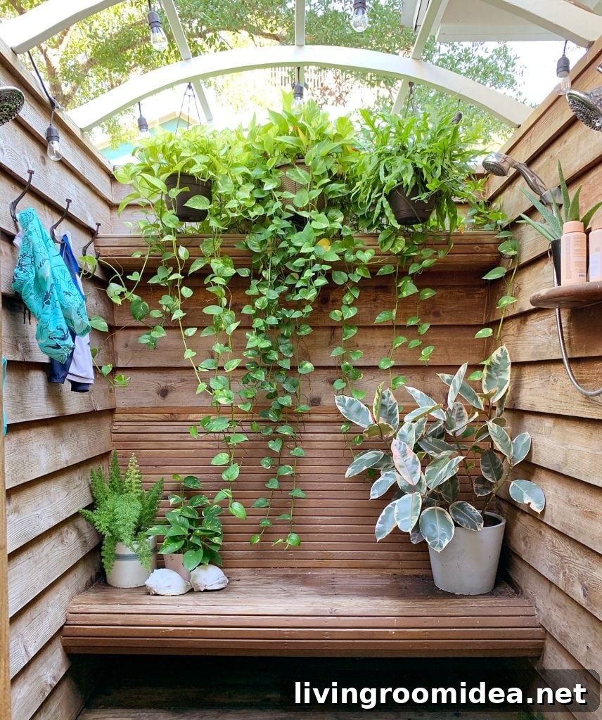Wood Outdoor Shower With Cascading Planters And Bench