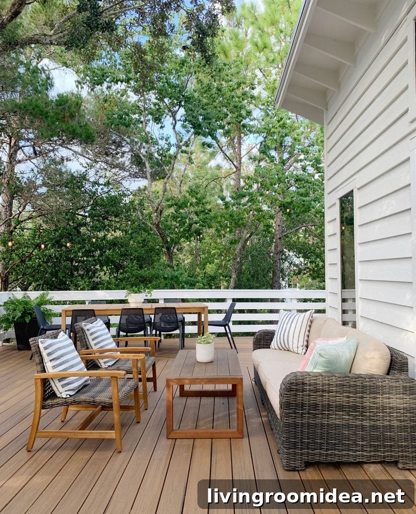 Deck Seating Area With Outdoor Couch Table And Two Woven Lounge Chairs