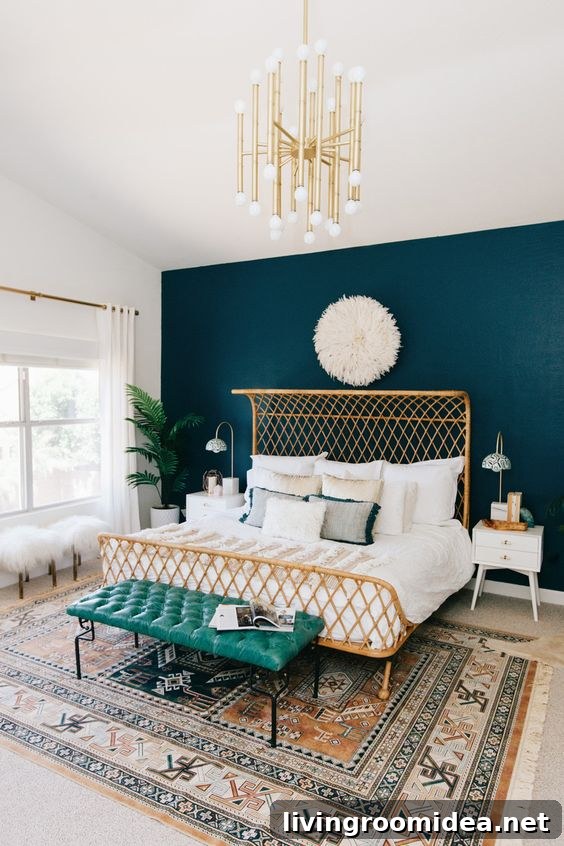 Pretty Bedroom Color Ideas for a Stylish, Cozy Space 8 Emerald Green Boho Bedroom with Rattan Bed - Ave Styles