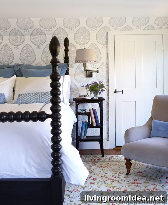 Beautiful bedroom with wallpaper and spindle bed