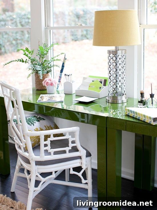 Pretty office with green desk and white rattan desk chair