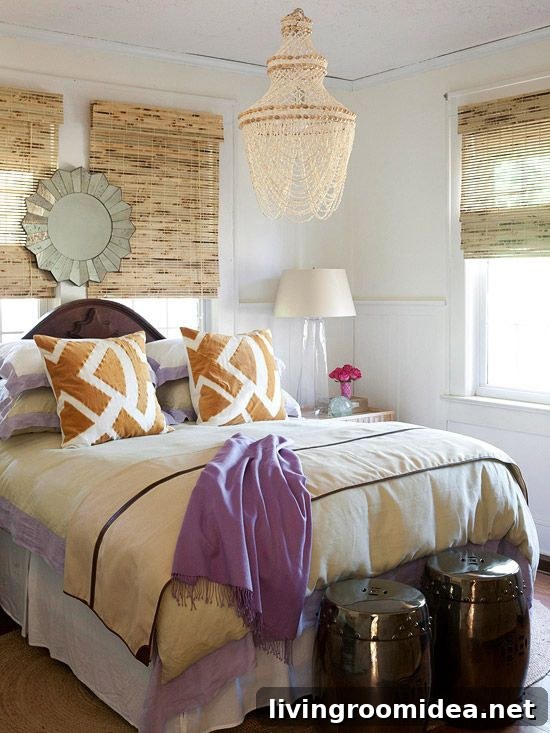 What to Put at the Foot of the Bed: Stylish Ideas and Storage Solutions 11 Pretty bedroom with two garden stools at the end of the bed - Click through for ideas for what to put at the end of the bed!