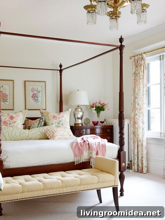 What to Place at the Foot of Your Bed: Stylish Ideas and Tips 7 Pretty bedroom with tufted bench at the end of the bed - bedroom decorating ideas