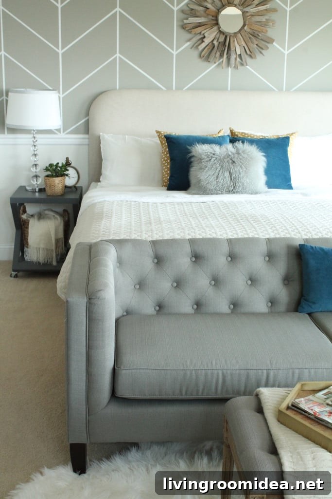 Tufted sofa at the end of the bed - City Farmhouse - Click through for ideas for what to put at the end of the bed!
