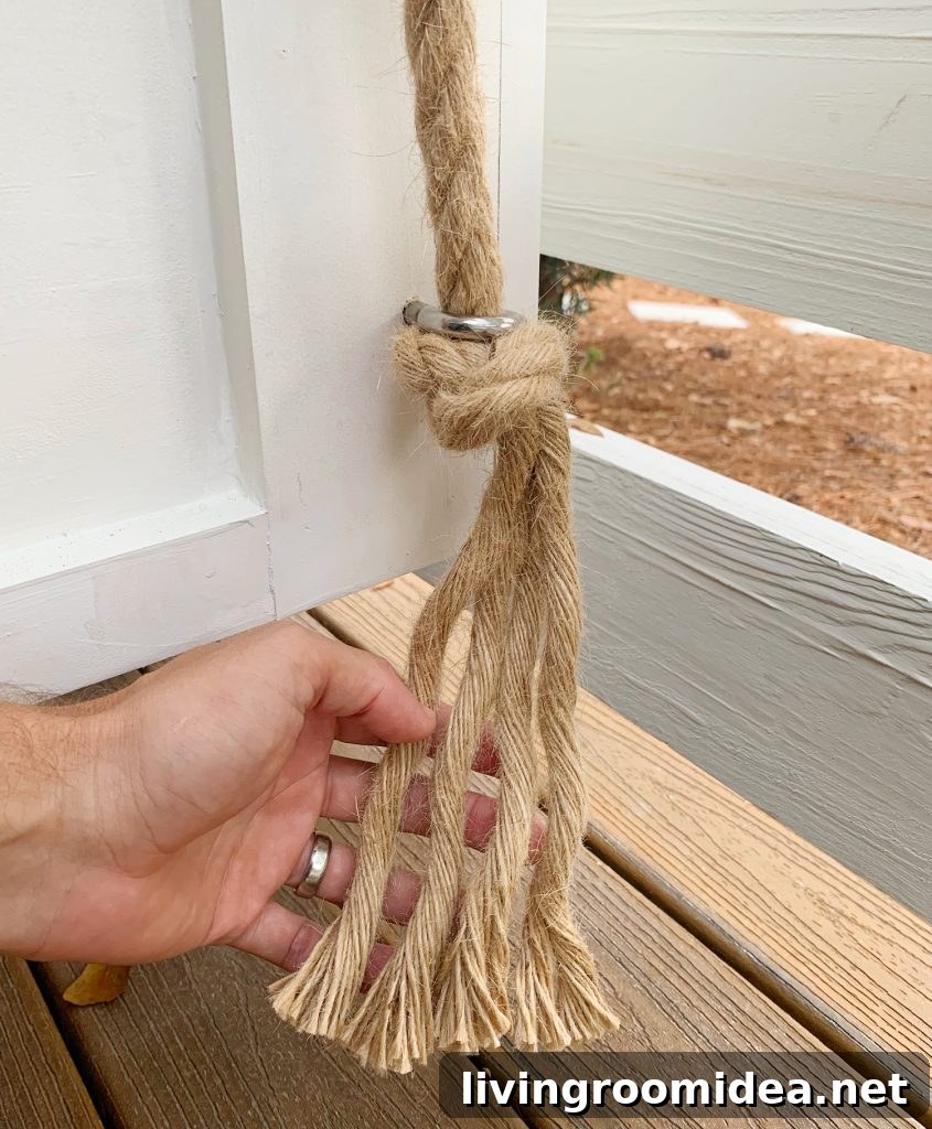 Frayed rope under the bottom of daybed eye hook