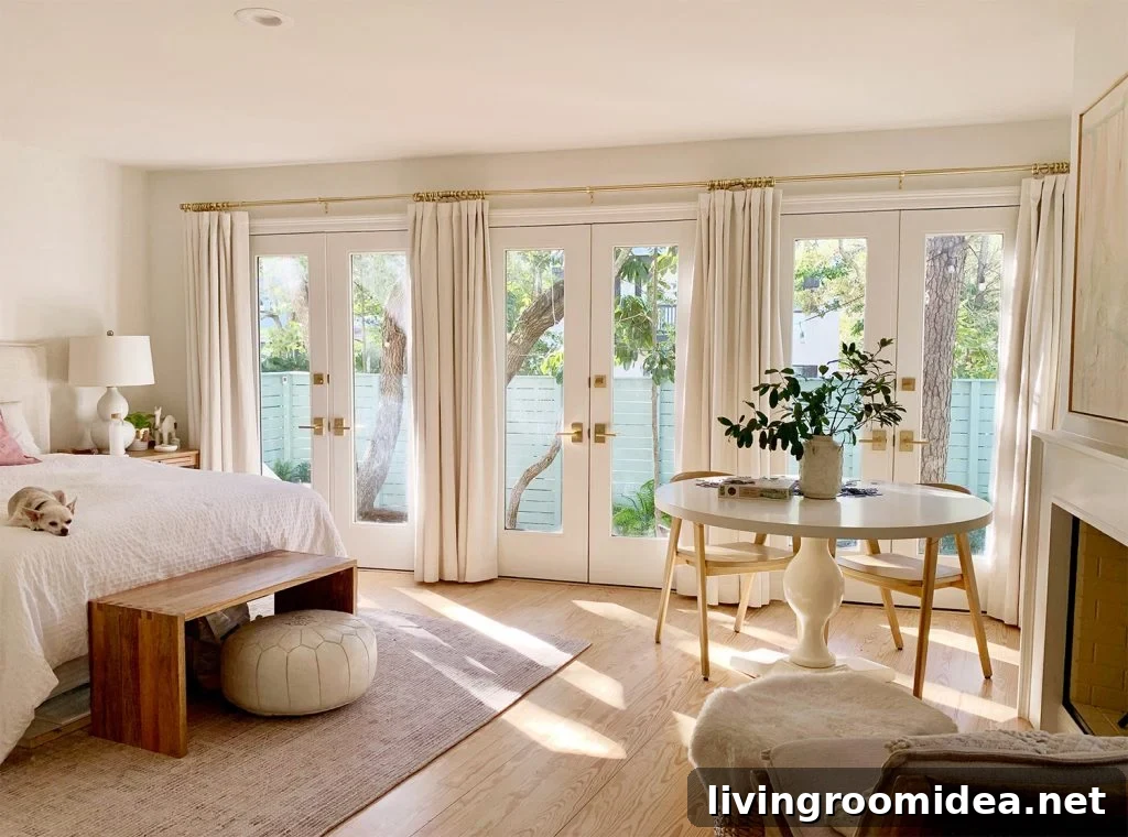 Bedroom with three french doors with with curtains and sunlight coming in