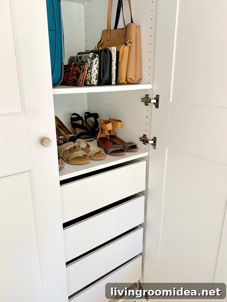 View inside Ikea Pax wardrobe with shoes and purses
