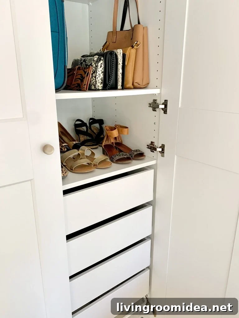 View inside Ikea Pax wardrobe with shoes and purses