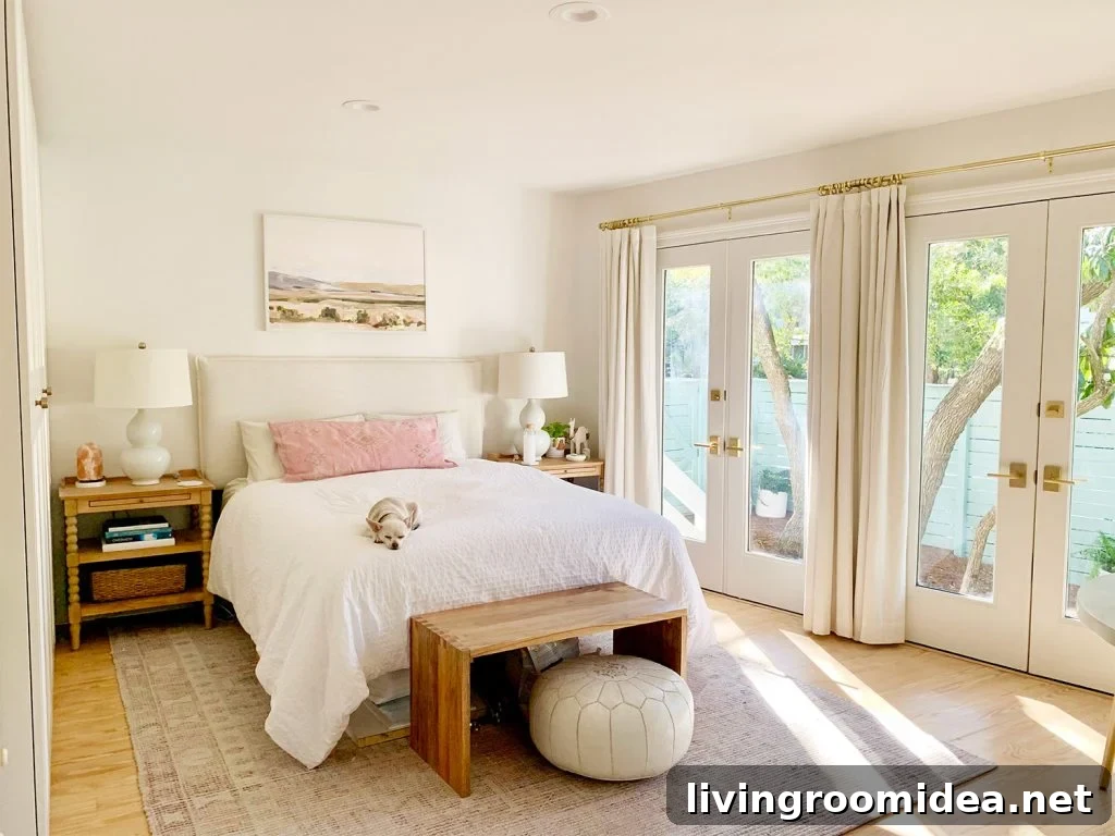Bedroom with pink rug with french doors next to white bed