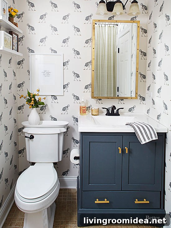 Navy blue and gold bathroom vanity
