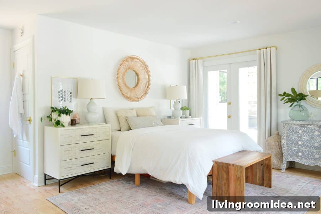 Bedroom before move with bed against wall next to single french door