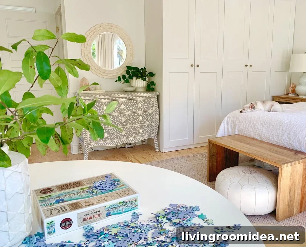 Puzzle being completed on table in bedroom