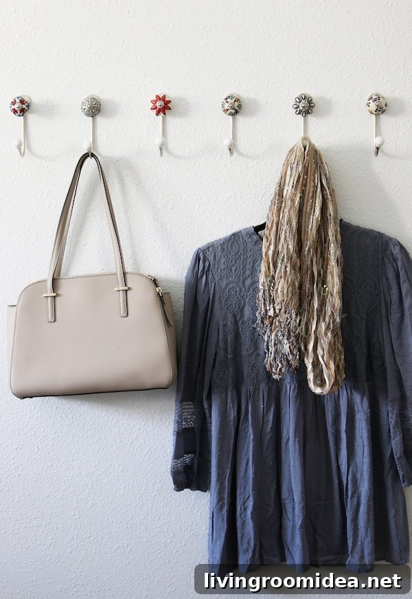 3 Must-Have Home Decorating Essentials for Every Room 5 Decorating with a Row of Colorful Patterned Hooks - Give your room functional style!
