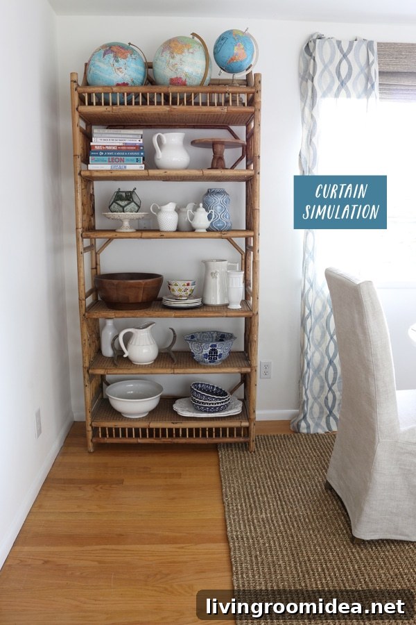 The Inspired Room - Rattan Bookshelf and Curtain Simulation Dining Room Progress