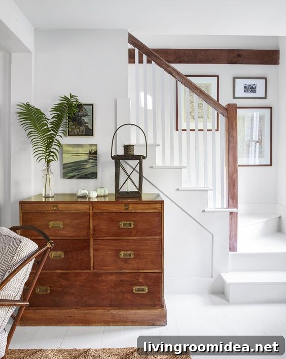Charming New England Cottage Tour: Cozy Coastal Home Walkthrough 3 White and wood staircase - cottage tour