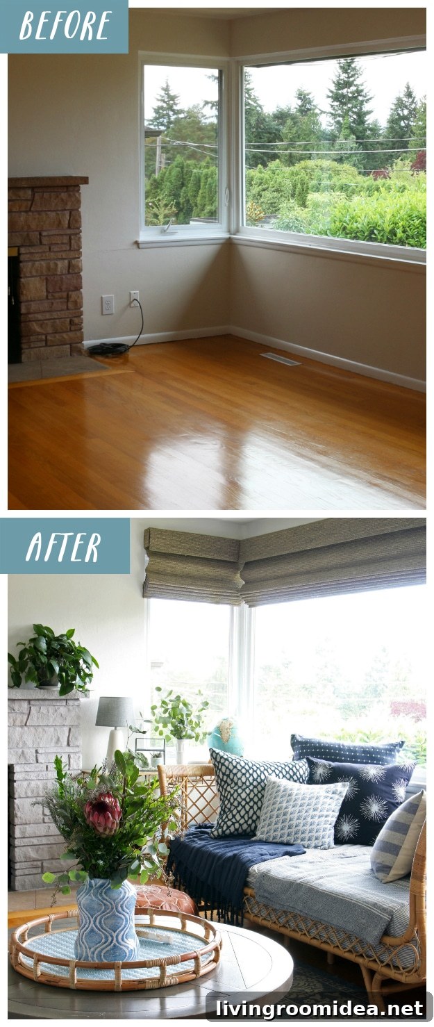 Woven Wood Window Shades: Before and After Room Makeovers 4 before-and-after-the-inspired-room-woven-wood-shades-on-corner-window