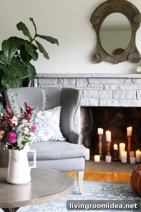 Candles in Fireplace/ Click through to see a fall house tour of this small white brick cottage with eclectic coastal farmhouse style. 