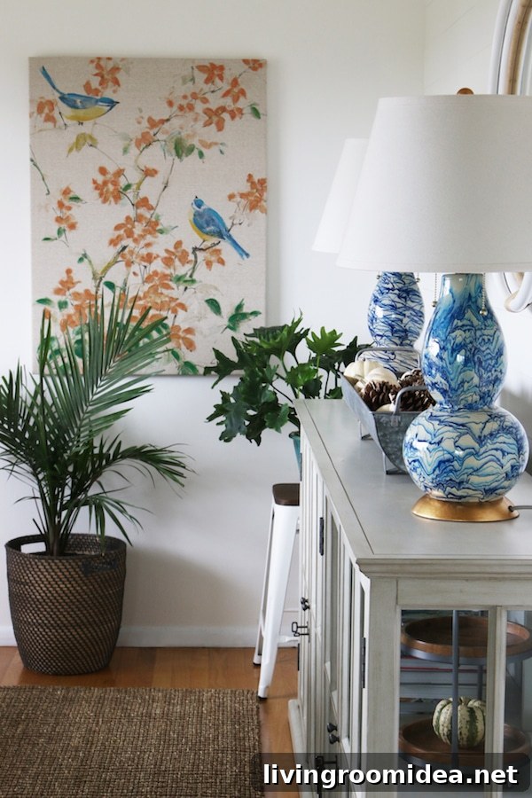 Click through to see a fall house tour of this small white brick cottage with eclectic coastal farmhouse style. 