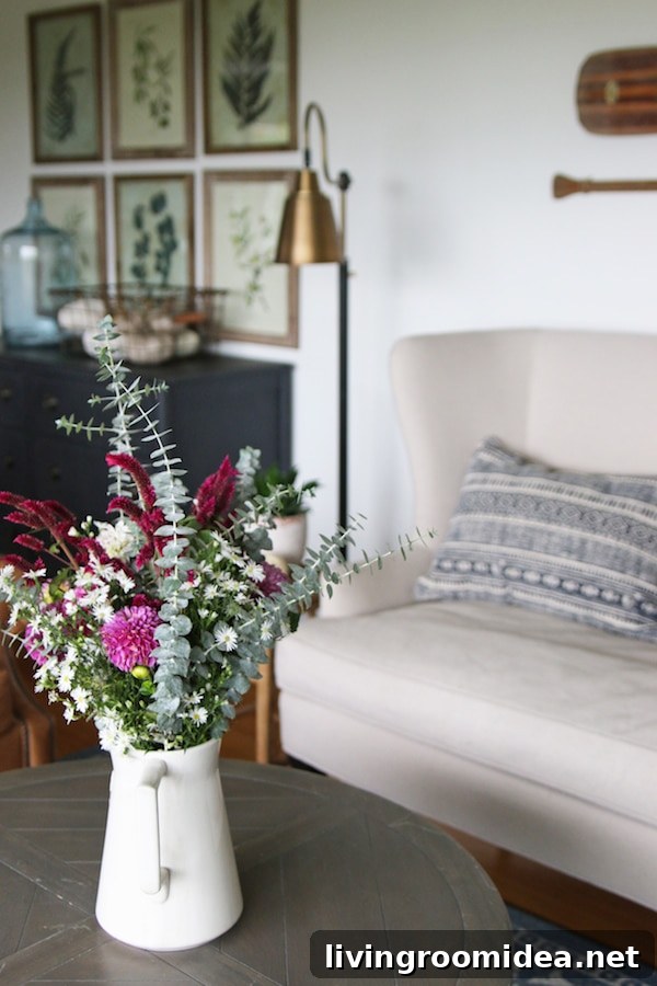 Click through to see a fall house tour of this small white brick cottage with eclectic coastal farmhouse style. 