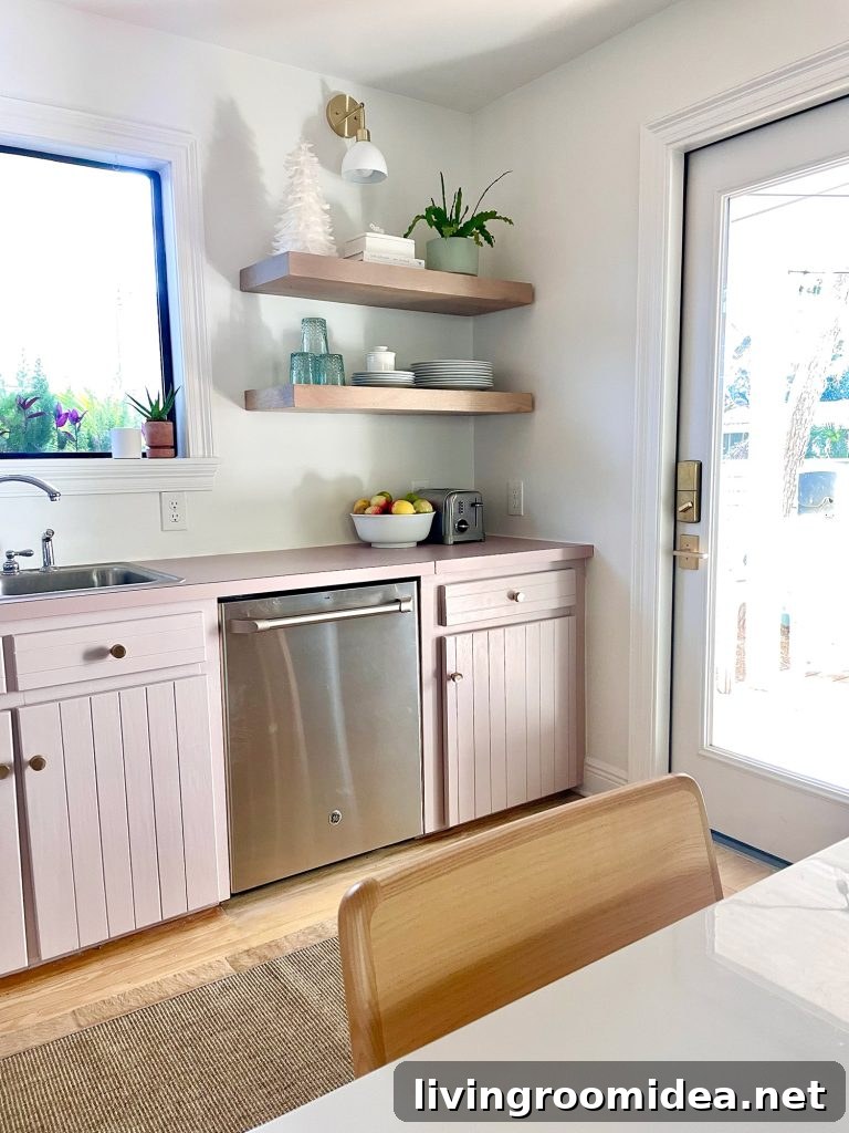 Vertical view of corner cabinets with floating shelves and reconstructed cabinet